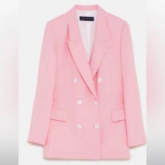 Zara Woman Baby Pink Double Breasted Blazer M Lyocell Career Office Work - Picture 1 of 13